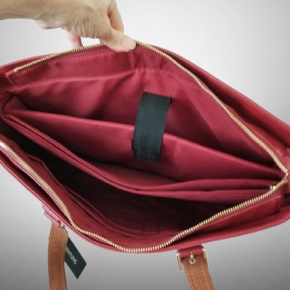 NWT! Burgundy Faux Leather Tote Bag w/Laptop Divider & Luggage Strap - Picture 5 of 14